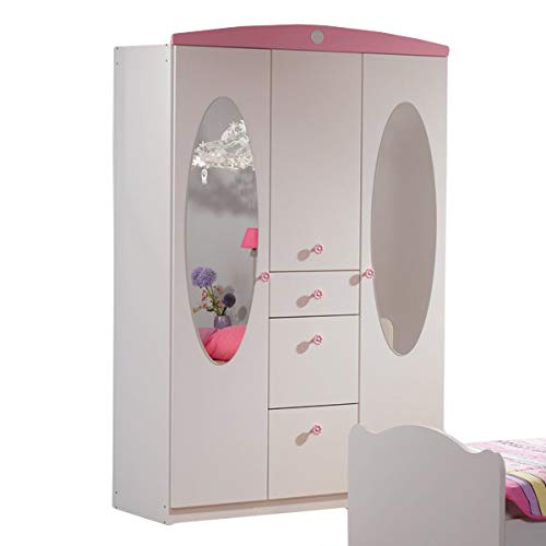 Kleiderschrank 3 Türen B 136 cm weiß/rosa Jugend Kinderzimmer Mädchen Drehtürenschrank Wäscheschrank Spiegelschrank