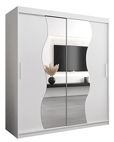 KRYSPOL Schwebetürenschrank Madryt 180 cm mit Spiegel Kleiderschrank mit Kleiderstange und Einlegeboden Schlafzimmer- Wohnzimmerschrank Schiebetüren Modern Design (Weiß)