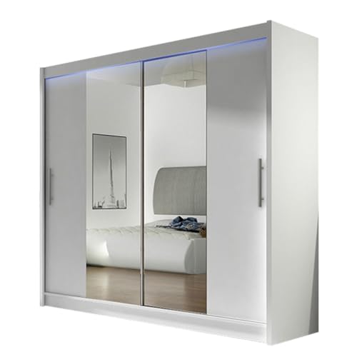 Mirjan24 Kleiderschrank London II mit Spiegel und RGB LED Beleuchtung, Schiebetürenschrank, Schwebetürenschrank, Modernes Schlafzimmerschrank 180x215x58cm, Garderobe, Schlafzimmer (Weiß)