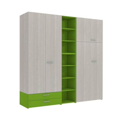 MOBILFINO CAMERETTE ARM5 – Kleiderschrank mit Flügeltüren mit zentralem Bücherregal mit Schubladen und Regalen L.225 H 225,8 T 58,2 – Weiß in Holzoptik und Apfelgrün