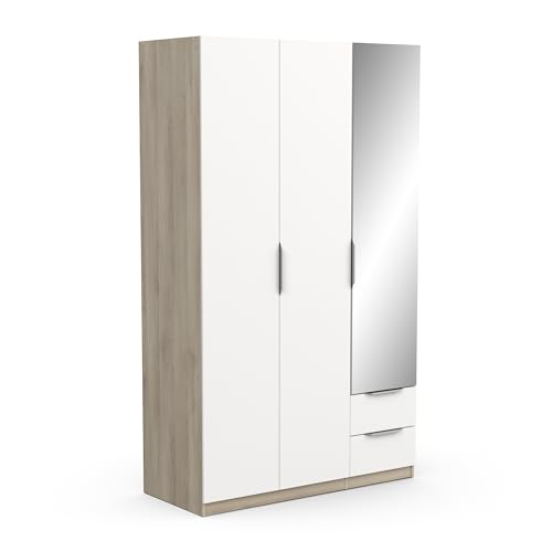Demeyere Moderner & 3 Türen, 2 Schubladen, 4 Fächer – Farbe Eiche Kronberg & Mattweiß – 119,4 x 51,1 x 203, Holzwerkstoff, grau