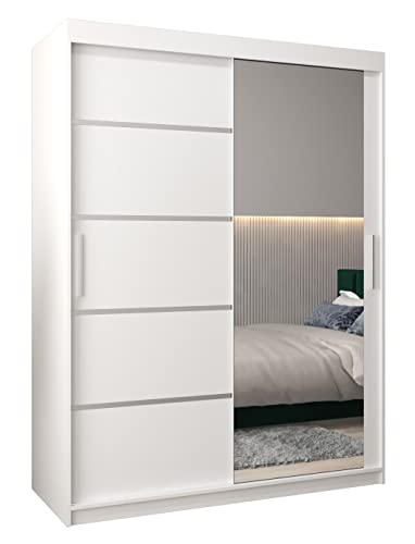 MEBLE KRYSPOL Verona 2 150 Schlafzimmerschrank mit Zwei Schiebetüren, Spiegel, Kleiderstange und Regalen – 150x200x62cm - Mattweiß