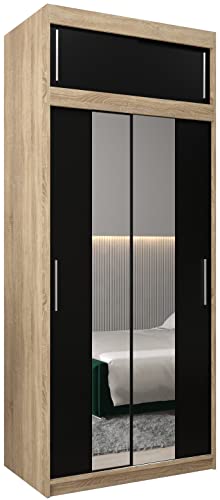 Kryspol Schwebetürenschrank Tokyo 1-100 cm mit Spiegel Kleiderschrank mit Kleiderstange und Einlegeboden Schlafzimmer- Wohnzimmerschrank Schiebetüren Modern Design (Sonoma + Schwarz)