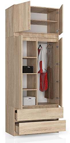 BDW Kleiderschrank 4 Türen, 4 Einlegeböden, Kleiderbügel, 2 Schubladen Kleiderschrank für das Schlafzimmer Wohnzimmer Diele 234x90x51cm (Eiche Sonoma)