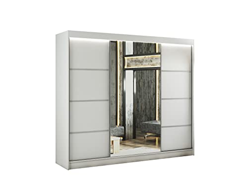 ALTDECOR Kleiderschrank mit Spiegel und Schiebetüren, kugelgelagerte Führungsschienen und Aluminium-Leisten - PAOKI - 250 cm Weiß