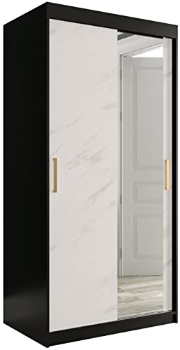 KRYSPOL Schiebetürenschrank Marmur T2 100 cm Kleiderschrank mit Spiegel Einlegeboden Schlafzimmer- Wohnzimmerschrank Schiebetüren Modern Design (schwarz matt + weißer Marmor, Schubladen: 0)