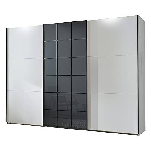 Lomadox Kleiderschrank 300cm mit 3 Schwebetüren, weiß mit grauem Glas, B/H/T ca. 300/216/65 cm