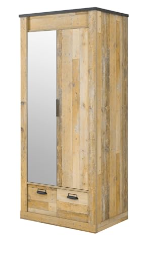 Kleiderschrank in Used Wood hell und schwarz/anthrazit Drehtürenschrank 2 Türen mit Spiegel Schlafzimmer Schrank im Industrial Design 93 x 209 cm Stove (Schrank 1)