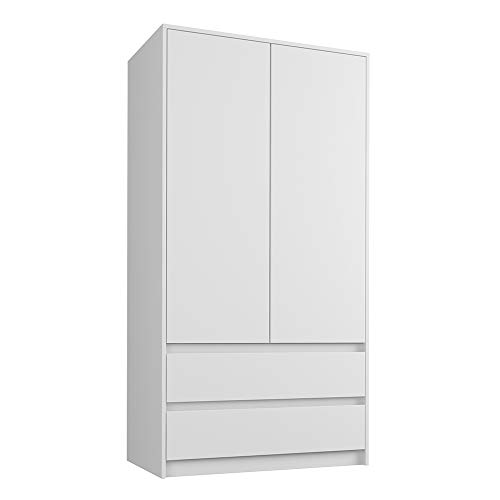 Framire B-9 Kleiderschrank in Weiß, 2-türiger Kleiderschrank, 2 Schubladen, Kleiderschrank für das Schlafzimmer, Wohnzimmer, Flur, 180 x 90 x 55 cm