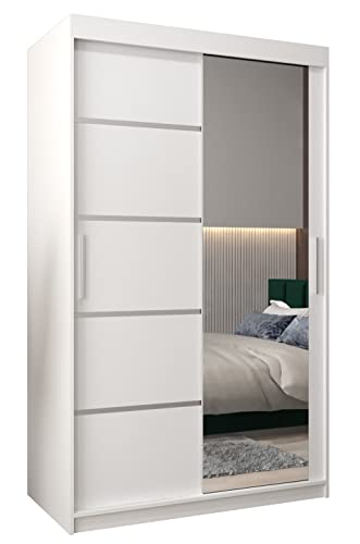 MEBLE KRYSPOL Verona 2 120 Schlafzimmerschrank mit Zwei Schiebetüren, Spiegel, Kleiderstange und Regalen – 120x200x62cm - Mattweiß