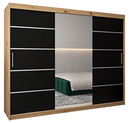 MEBLE KRYSPOL Verona 2 250 Schlafzimmerschrank mit DREI Schiebetüren, Spiegel, Kleiderstange und Regalen – 250x200x62cm - Artisan + Mattschwarz