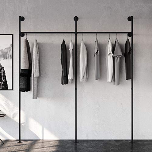 pamo Kleiderstange Wandmontage Schwerlast - Offener Kleiderschrank oder Kleiderständer industrial schwarz aus Metall Wasserrohren - KIM II