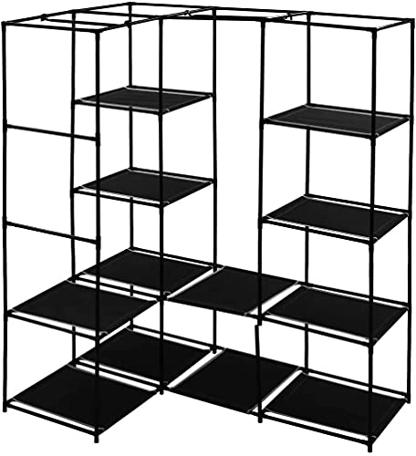 Cannoli Eck-Kleiderschrank mit Bezug aus Stoff, Kleiderschrank, Stoff, Schlafzimmermöbel, doppelte Kleiderstangen, 169 x 129 x 87 cm, Schwarz