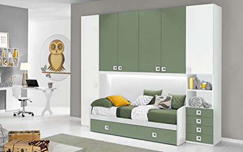 Dafne Italian Design Kinderzimmer komplett Brücke – Weiß, Salbei (Doppelbett und Kleiderschrank) (cm 300 x 96 x 259h)
