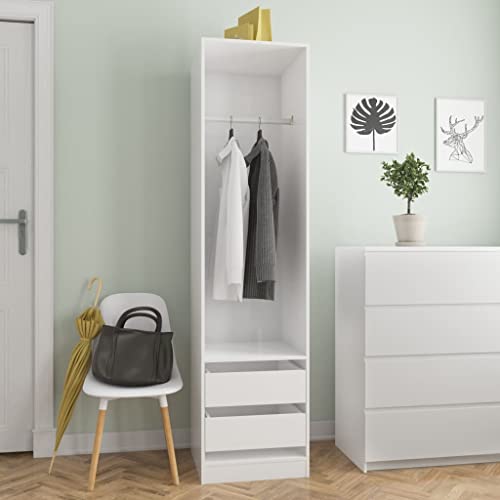 Voupuoda Kleiderschrank mit Schubladen, Schlafzimmerschrank, Garderobenschrank, Garderobe Schlafzimmer, Hochglanz-Weiß 50×50×200 cm