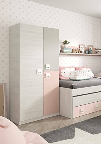 Dmora - Garderobe Manchester, Kleiderschrank im Schlafzimmer, Schrank mit 3 Türen und 3 Einlegeböden mit Kleiderstange, cm 90x52h200, Grau und Rosa