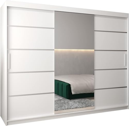 MEBLE KRYSPOL Verona 2 250 Schlafzimmerschrank mit DREI Schiebetüren, Spiegel, Kleiderstange und Regalen – 250x200x62cm - Mattweiß