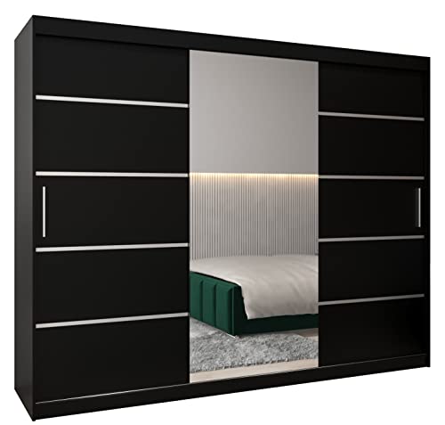 MEBLE KRYSPOL Verona 2 250 Schlafzimmerschrank mit DREI Schiebetüren, Spiegel, Kleiderstange und Regalen – 250x200x62cm - Mattschwarz