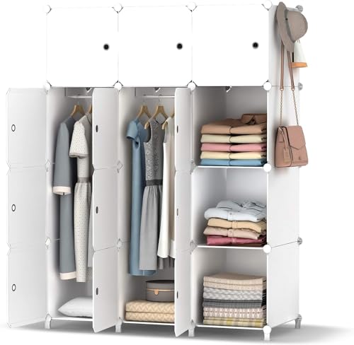 HOMIDEC Kleiderschrank, Tragbarer Regalsystem,12 Würfel Schrank aus Kunststoff mit 3 Kleiderstange, Schlafzimmerschrank kleiderschrank Weiss für Schlafzimmer (Ganz Weiß)