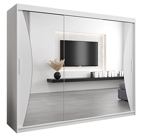 MEBLE KRYSPOL Monaco 250 Schlafzimmerschrank mit DREI Schiebetüren, Spiegel, Kleiderstange und Regalen – 250x200x62cm - Mattweiß