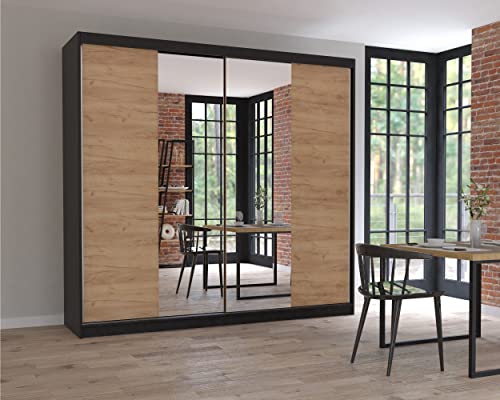 Schiebetürenschrank eleganter Schrank Garderobe Spiegel Multi 34 203 cm Schlafzimmer   Wohnzimmerschrank Modern Design (Schwarz)