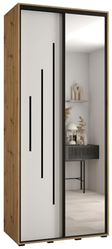 MEBLE KRYSPOL Davos 13 120 Schrank mit Zwei Schiebetüren für Schlafzimmer - Moderner Kleiderschrank mit Spiegel, Kleiderstange und Regalen - 235,2x120x60 cm - Artisan Weiß Schwarz