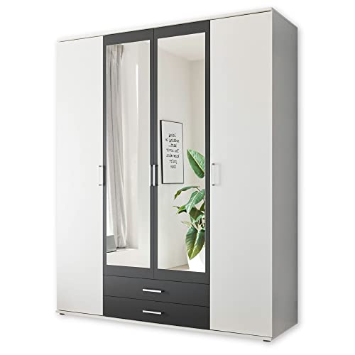 Stella Trading HANAU Kleiderschrank mit Spiegeltür in Weiß, Graphit - Vielseitiger Drehtürenschrank 4-türig für Ihr Schlafzimmer - 160 x 196 x 54 cm (B/H/T)