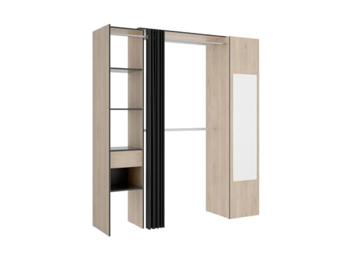 Vente-unique - Kleiderschrank mit Vorhang & 1 Tür + Spiegel - 177 cm - Holzfarben & Anthrazit - Bertrand