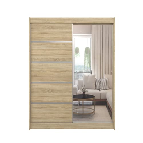 ML Furniture V5 Schiebeschrank 150 cm mit Spiegel, Kleiderschrank Schlafzimmer, Wohnzimmer- 150 x 200 x 58 Farbe: Sonoma, Schwebetürenschrank