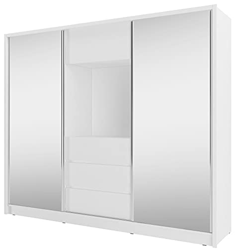 MOEBLO Kleiderschrank Schwebetürenschrank mit Spiegel 2-türig mit Spiegel Schrank mit Einlegeböden und Kleiderstange, Tv-Fach BxHxT 254x214x62 Cinema Spiegel 250 Weiß