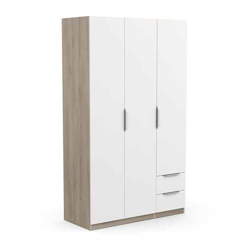 Demeyere Moderner Kleiderschrank, 3 Türen, 2 Schubladen, 4 Fächer, Farbe: Eiche Kronberg & Mattes Weiß, 119,4 x 51,1 x 203 cm, Holzwerkstoff, grau