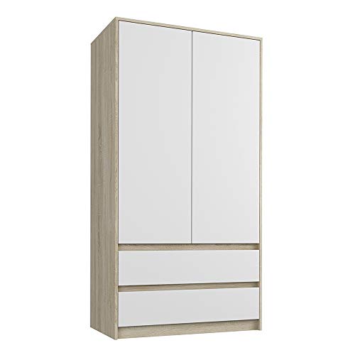 Framire B-9 Kleiderschrank in Sonoma Eiche mit Weiß, 2-türiger Kleiderschrank, 2 Schubladen, Kleiderschrank für das Schlafzimmer, Wohnzimmer, Flur, 180 x 90 x 55 cm