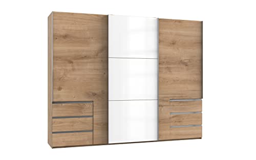 Kleiderschrank Level 36 C F30497, Eiche, 300x65x236 cm, mit sechs Schubladen und Mitteltür aus weißem Glas