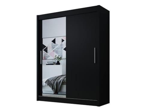 Easy4You D1 150 cm Schwarz Schiebetüren Kleiderschrank 150x200x58 cm mit Spiegel - Schlafzimmermöbel, Aufbewahrung - Mehrzweckschrank