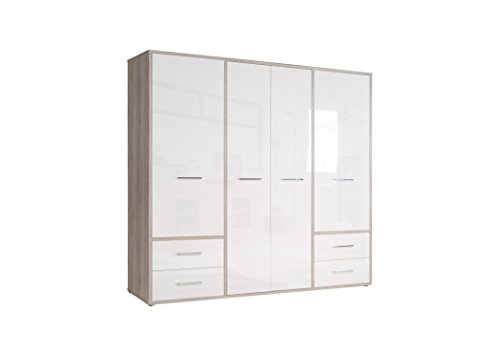 FORTE Jandia Kleiderschrank mit 4 Türen und 4 Schubladen, Holzwerkstoff, Sandeiche Dekor Kombinert mit Weiß Hochglanz, 208.9 x 60 x 201.5 cm