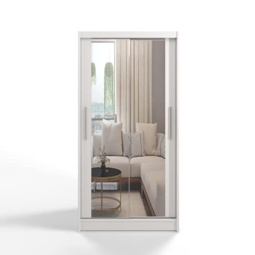 ML Furniture C7 Schiebetüren Kleiderschrank 100 cm mit Spiegel - Schlafzimmermöbel, Aufbewahrung - Mehrzweckschrank - Farbe: Weiß