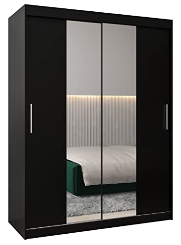 MEBLE KRYSPOL Tokyo 1 150 Schlafzimmerschrank mit Zwei Schiebetüren, Spiegel, Kleiderstange und Regalen – 150x200x62cm - Mattschwarz