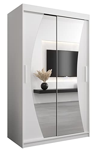 MEBLE KRYSPOL Wave 120 Schlafzimmerschrank mit Zwei Schiebetüren, Spiegel, Kleiderstange und Regalen – 120x200x62cm - Mattweiß