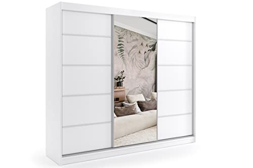 ALTDECOR Kleiderschrank mit Spiegel und Schiebetüren, kugelgelagerte Führungsschienen und Aluminium-Leisten, LED-Beleuchtung (Weiß + 16 Farben) und Fernbedienung - Maki - 240 cm Weiß