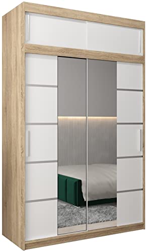 MEBLE KRYSPOL Verona 4 150 Schlafzimmerschrank mit Zwei Schiebetüren, Spiegel, Kleiderstange und Regalen – 150x240x62cm - Sonoma + Mattweiß mit Verlängerung