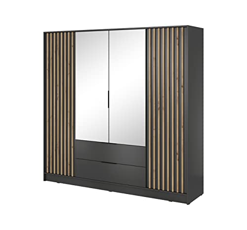 ALTDECOR Kleiderschrank mit Spiegel und selbstschließenden, Lamellentüren, Lamellen, Flügeltüren - Nelia - 200 cm Graphit