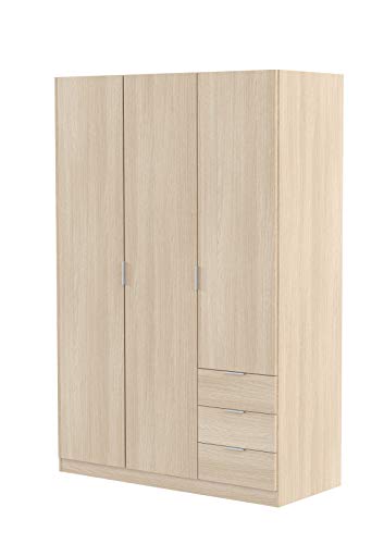 Dmora - Garderobe Warren, Schlafzimmerschrank mit 3 Türen und 3 Schubladen, Schrank mit 3 Einlegeböden und Kleiderstange, cm 121x52h180, Eiche