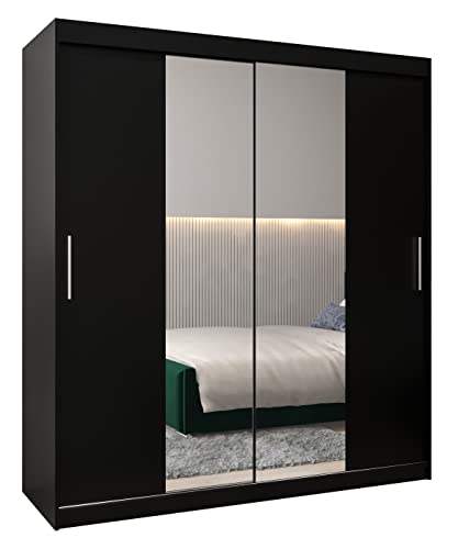 MEBLE KRYSPOL Tokyo 1 180 Schlafzimmerschrank mit Zwei Schiebetüren, Spiegel, Kleiderstange und Regalen – 180x200x62cm - Mattschwarz