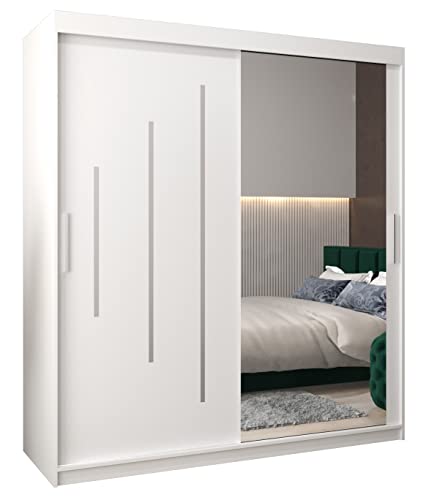 MEBLE KRYSPOL York 2 180 Schlafzimmerschrank mit Zwei Schiebetüren, Spiegel, Kleiderstange und Regalen – 180x200x62cm - Mattweiß
