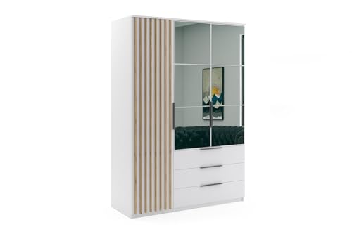 B&M Furniture Kleiderschrank mit Drehtüren, Schubladen und Spiegel - mit Einlegeböden und Kleiderstange - für Garderobe, Schlafzimmer - mit Lamellen aus Holzimitat - Weiß - 150 cm B, 215 cm H