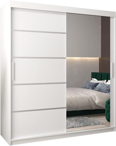 MEBLE KRYSPOL Verona 2 180 Schlafzimmerschrank mit Zwei Schiebetüren, Spiegel, Kleiderstange und Regalen – 180x200x62cm - Mattweiß