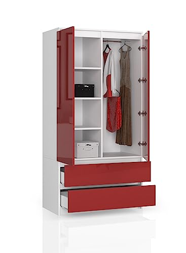 BDW Kleiderschrank mit 2 Türen und 4 Einlegeböden - Kleiderbügel - 2 Schubladen - Oberfläche Glanz - Kleiderschrank für das Schlafzimmer Wohnzimmer Diele - 180x90x51cm - Weiß/Rot