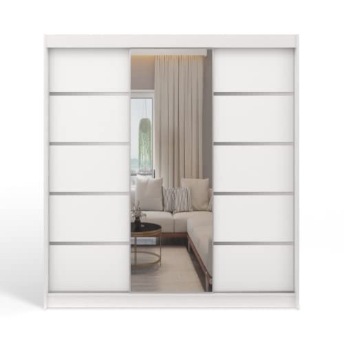 ML Furniture A6 Schiebetüren Kleiderschrank 250 cm mit Spiegel - Schlafzimmermöbel, Aufbewahrung - Mehrzweckschrank - Farbe: Weiß - 3 Schiebetüren