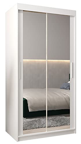 MEBLE KRYSPOL Tokyo 3 100 Schlafzimmerschrank mit Zwei Schiebetüren, Spiegel, Kleiderstange und Regalen – 100x200x62cm - Mattweiß