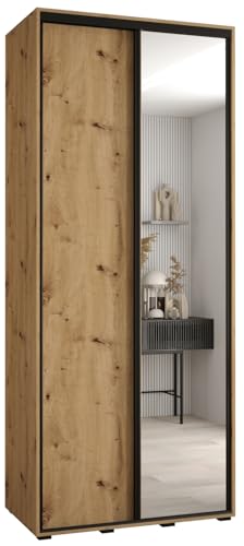 MEBLE KRYSPOL Davos 3 100 Schrank mit Zwei Schiebetüren für Schlafzimmer - Moderner Kleiderschrank mit Spiegel, Kleiderstange und Regalen - 235,2x100x45 cm - Artisan Artisan Schwarz